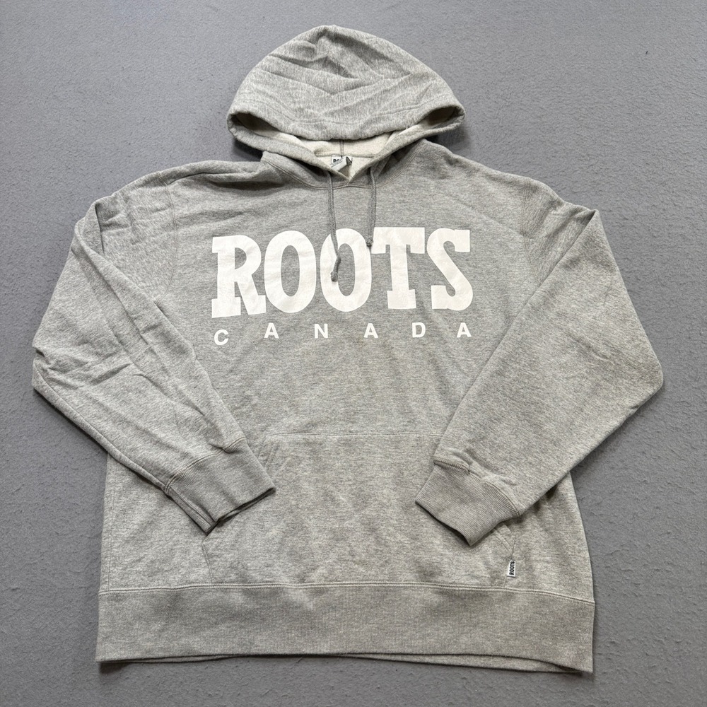 Roots Athletics Hoodie Men's XL Gray Spellout Logo Fleece Lined Pullover Canada